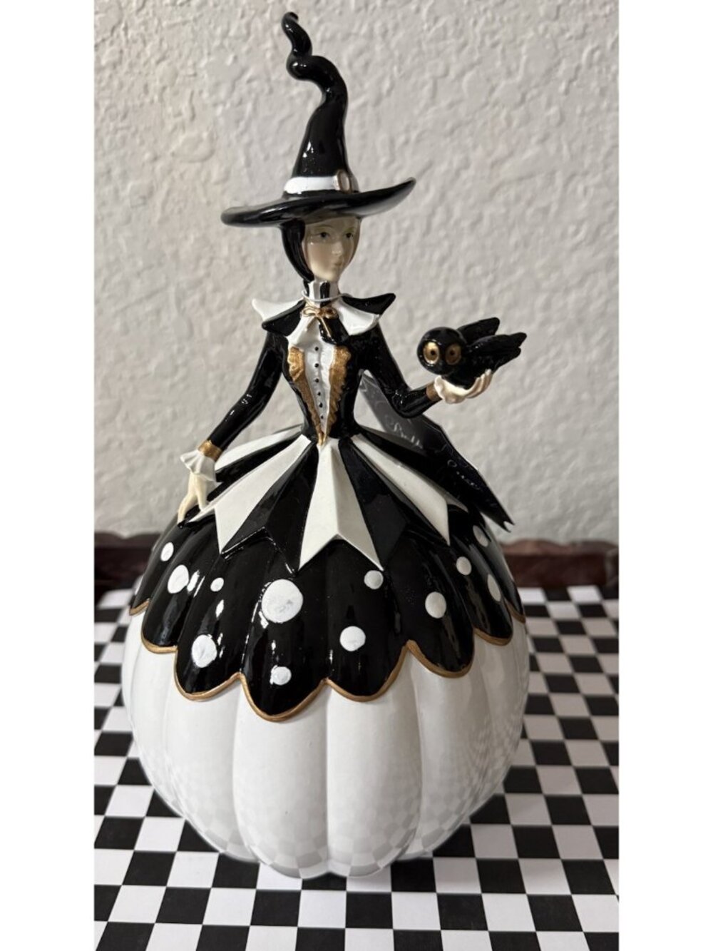 Nwt Black White Polka Dot Pumpkin Witch Figurine Bella Lux Decor 10” Retro Table